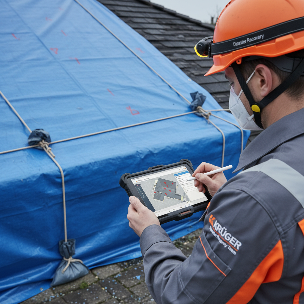 A close-up, professional shot of a Krüger Disaster Recovery Team technician in uniform using a table